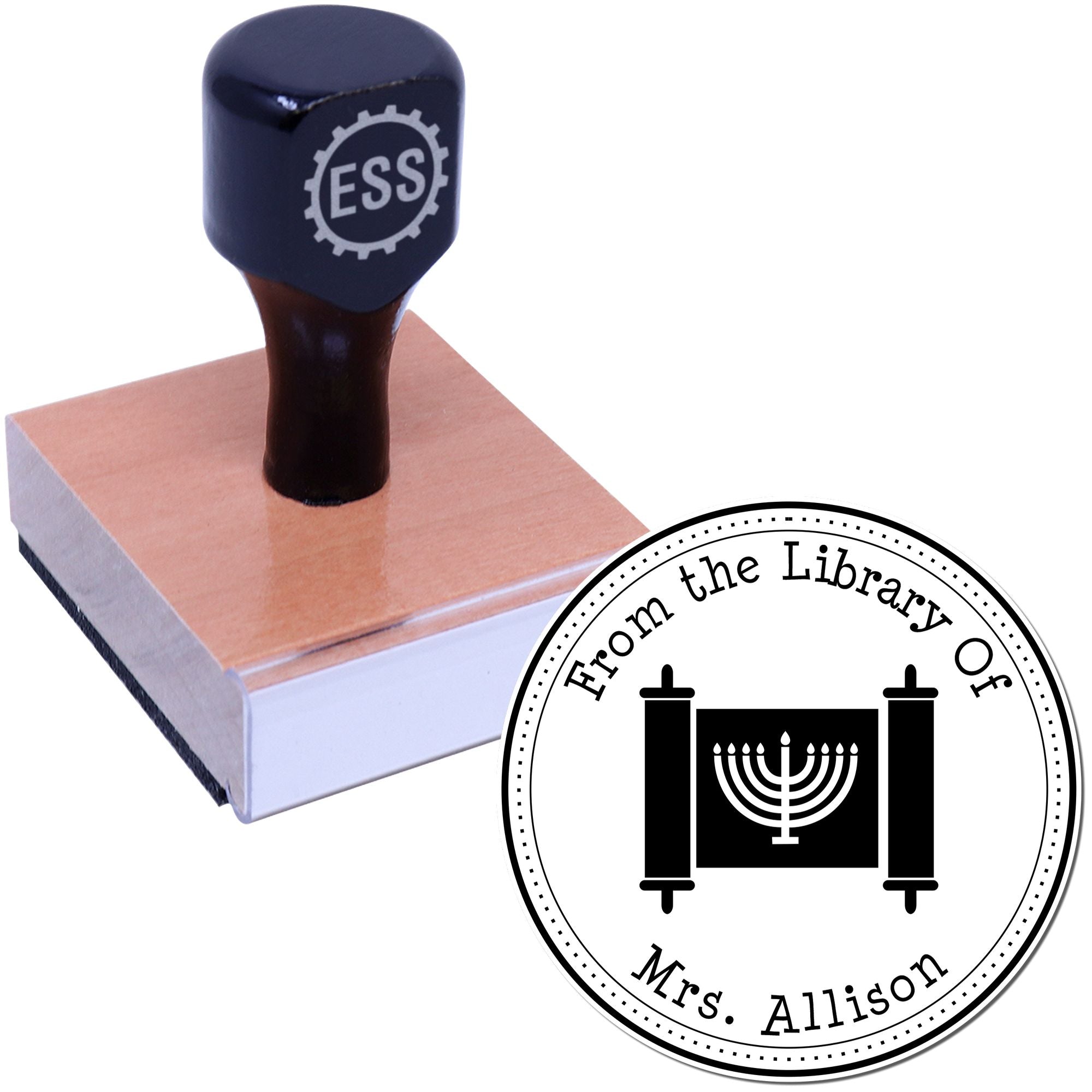 Black ESS stamp on a pink block with a round white seal reading From the Library Of Mrs. Allison and a menorah.