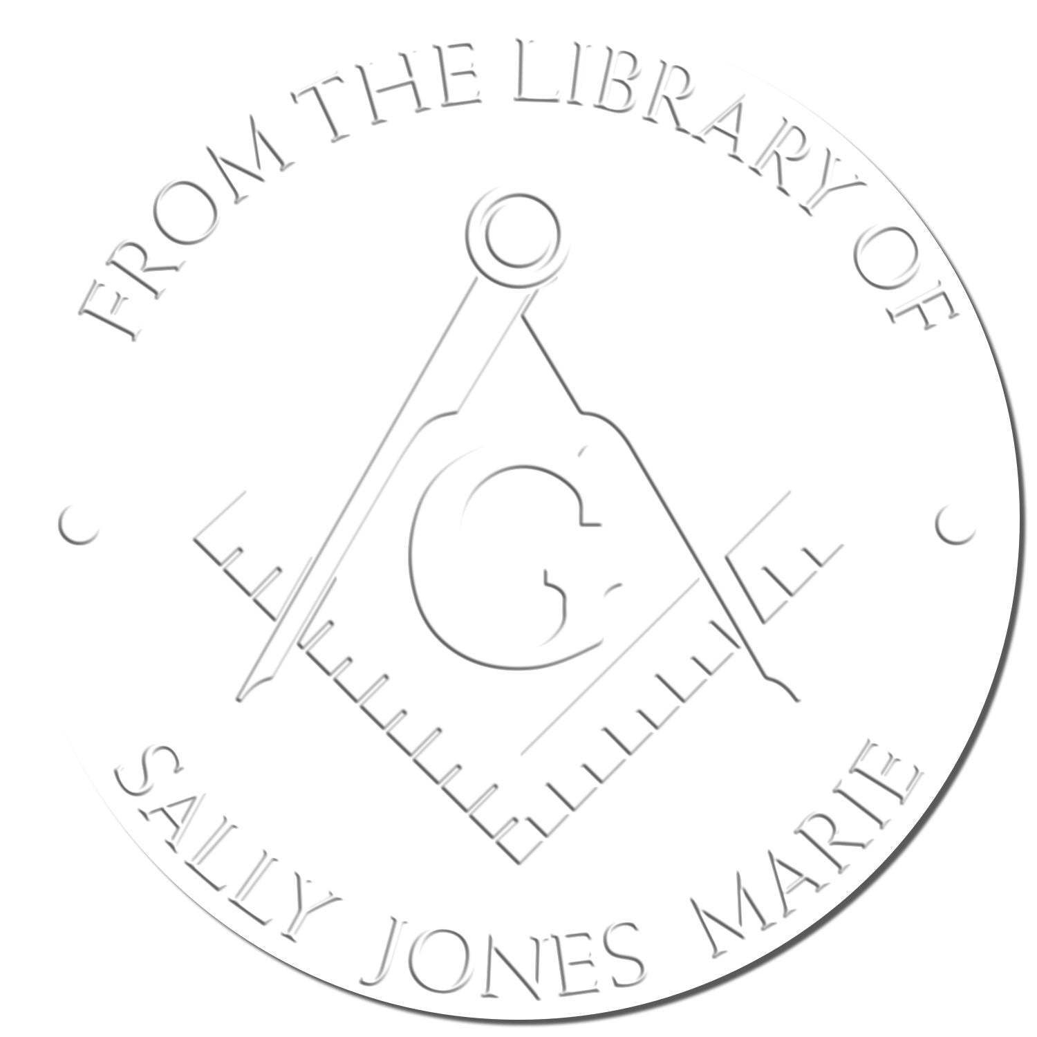 White embossed library ownership stamp seal with circular text, monogram center, and Sally Jones Marie name.