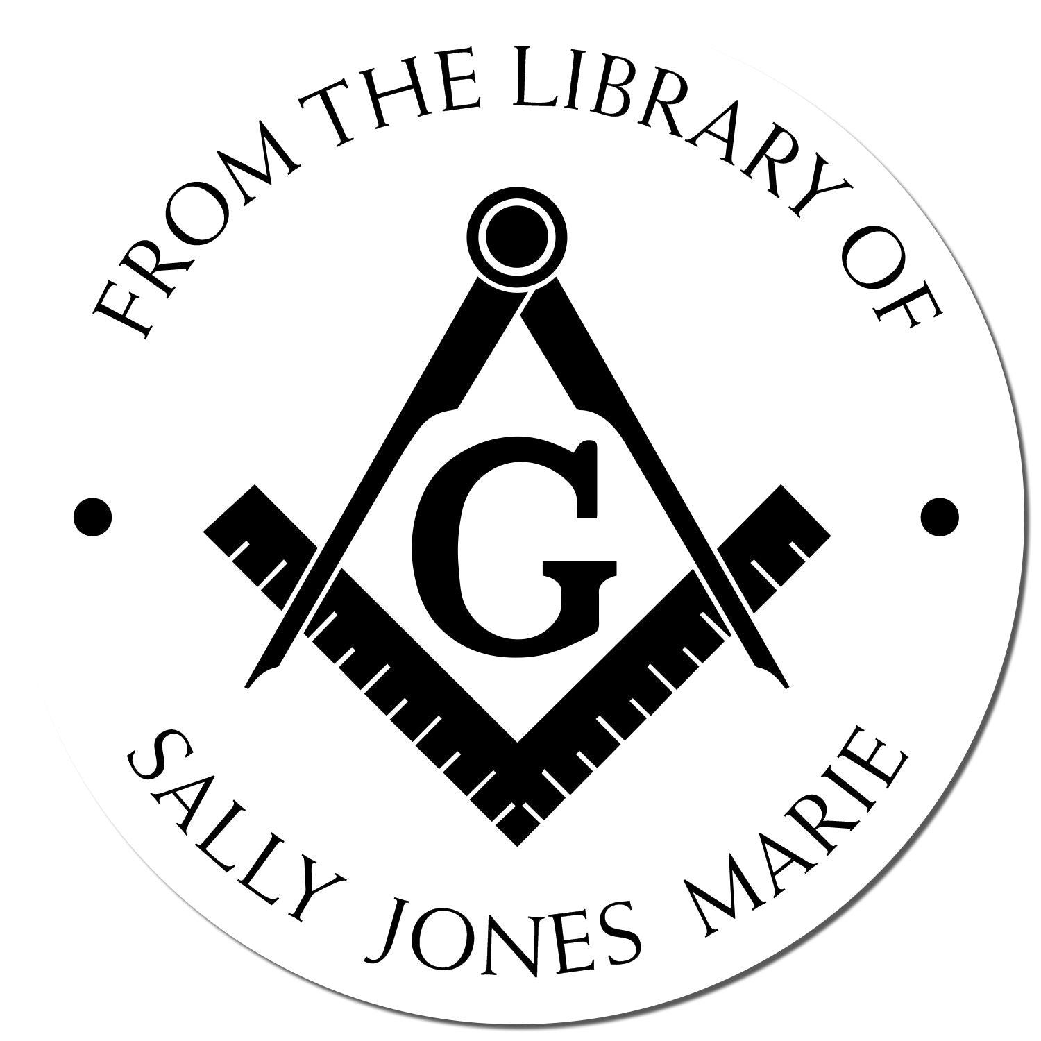 Black and white circular library stamp seal with compass, square and G, reading From the Library of Sally Jones Marie.