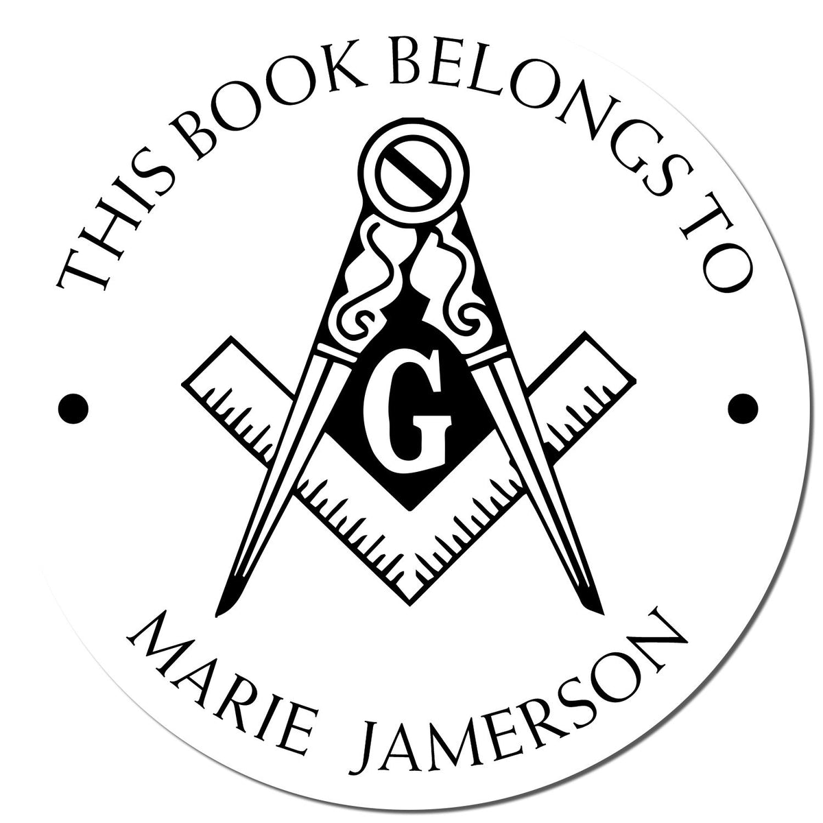 Black-and-white custom book stamp and seal with Masonic compass and square, letter G, and This Book Belongs to Marie Jamerson.