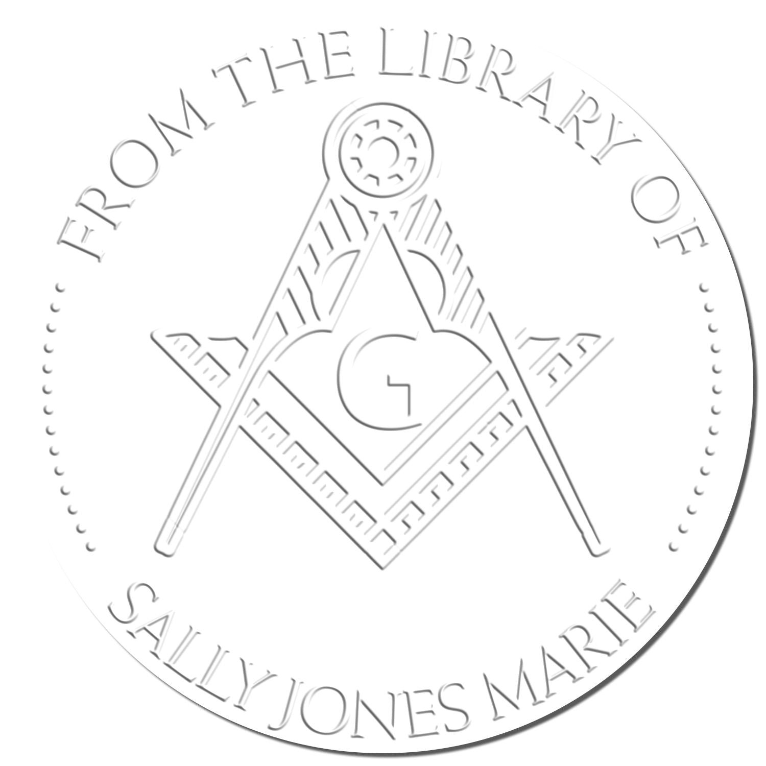 Embossed gray circular library stamp seal with compass emblem and text From the Library of Sally Jones Marie