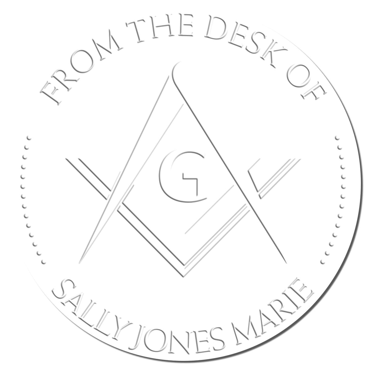 Close-up of Shiny Soft Fraternal Masons personalized library collection paper embosser stamp with detailed Masonic seal imprint.