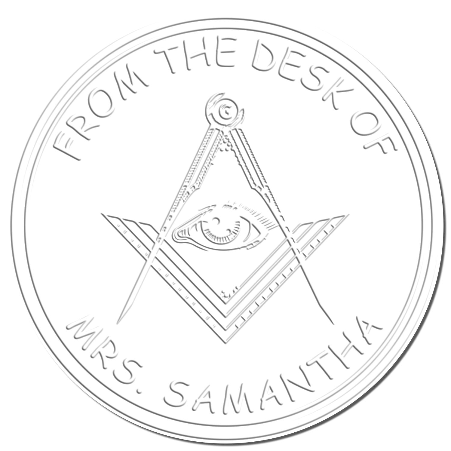 White circular stamp seal with Masonic square and compass, eye emblem, and From the Desk of Mrs. Samantha text.