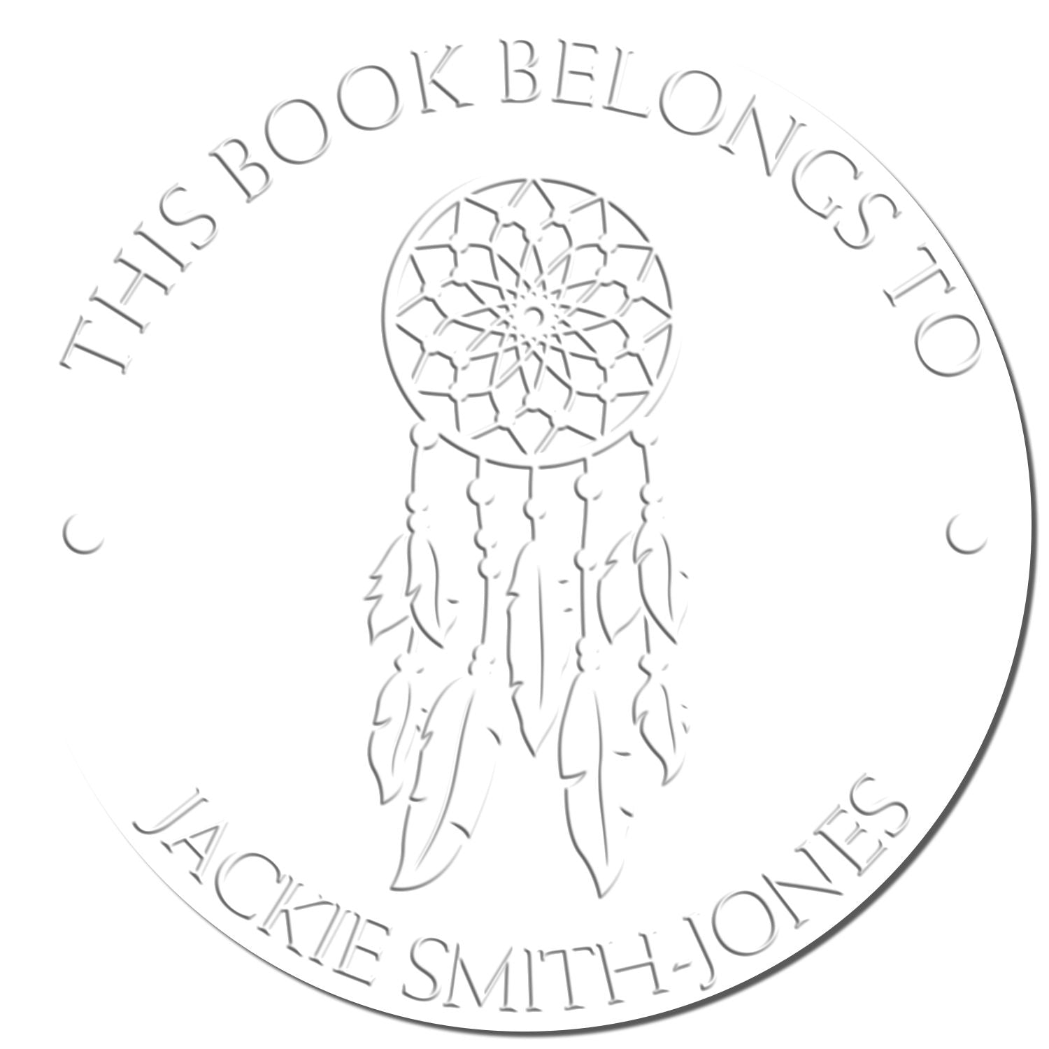 White circular book seal stamp with gray dreamcatcher design and text This Book Belongs to Jackie Smith-Jones