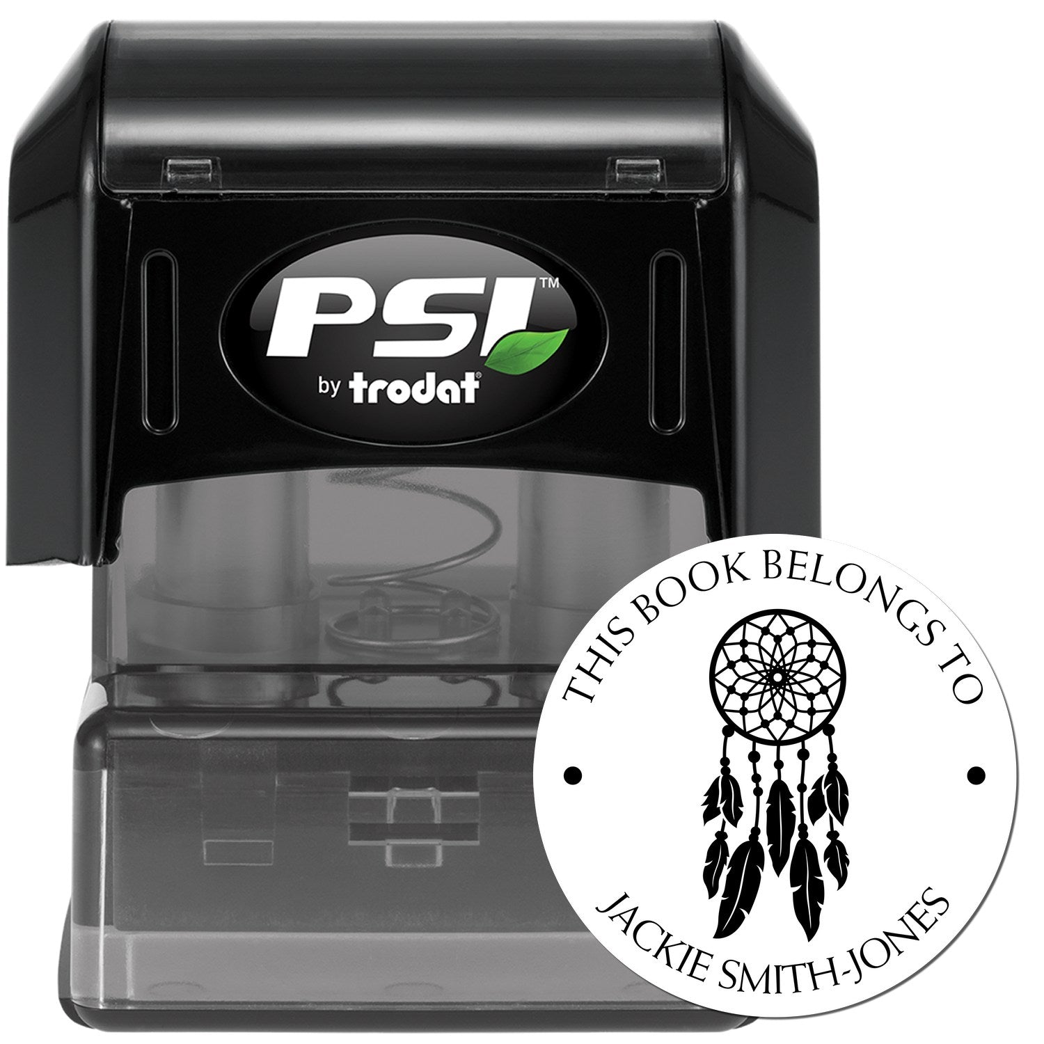 Black PSI by Trodat self-inking stamp with clear base and round white book seal reading This Book Belongs To Jackie Smith-Jones