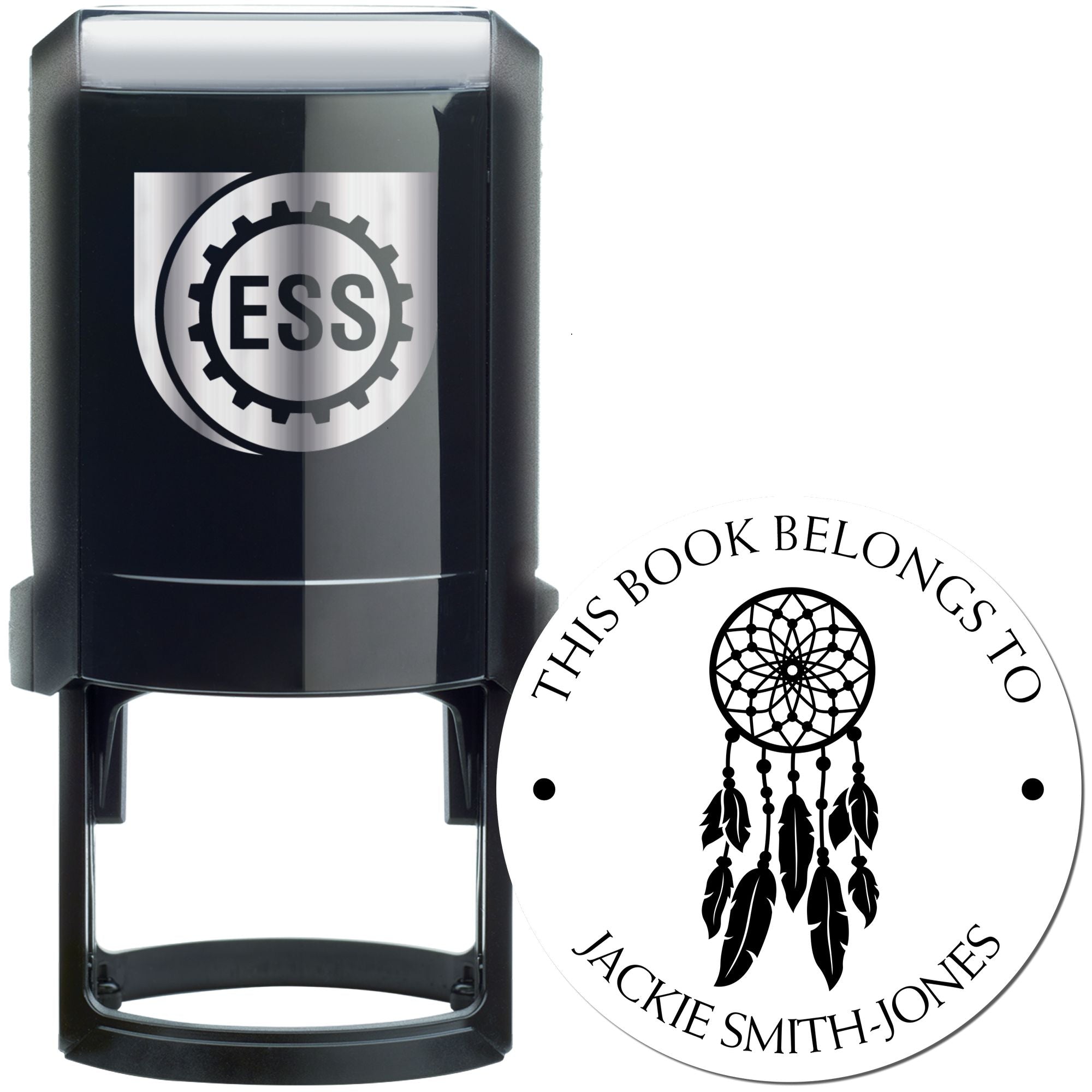 Black self-inking stamp with ESS logo beside a round white seal featuring a dreamcatcher and This Book Belongs To text.