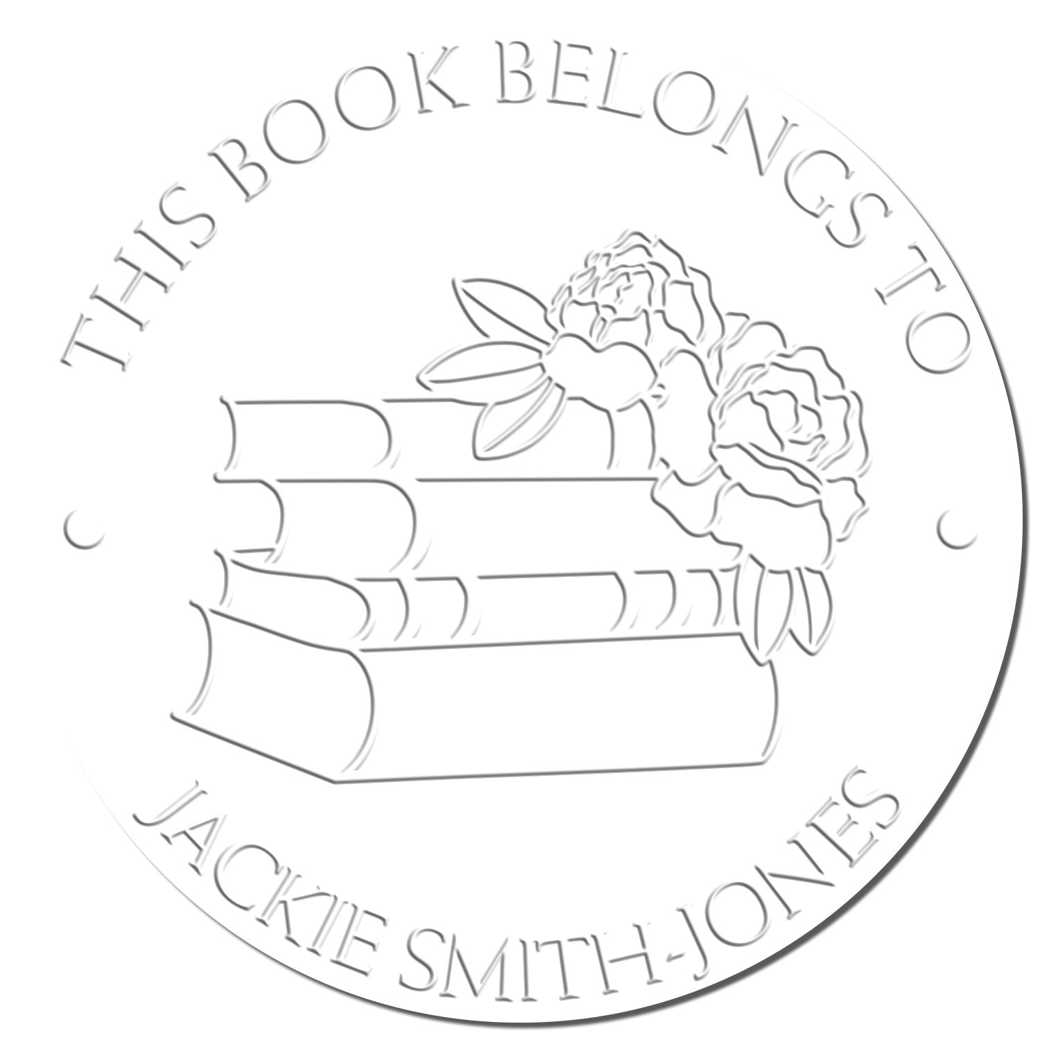 Round book embossing seal with stacked books, flowers, and gray text This Book Belongs to Jackie Smith-Jones on white.