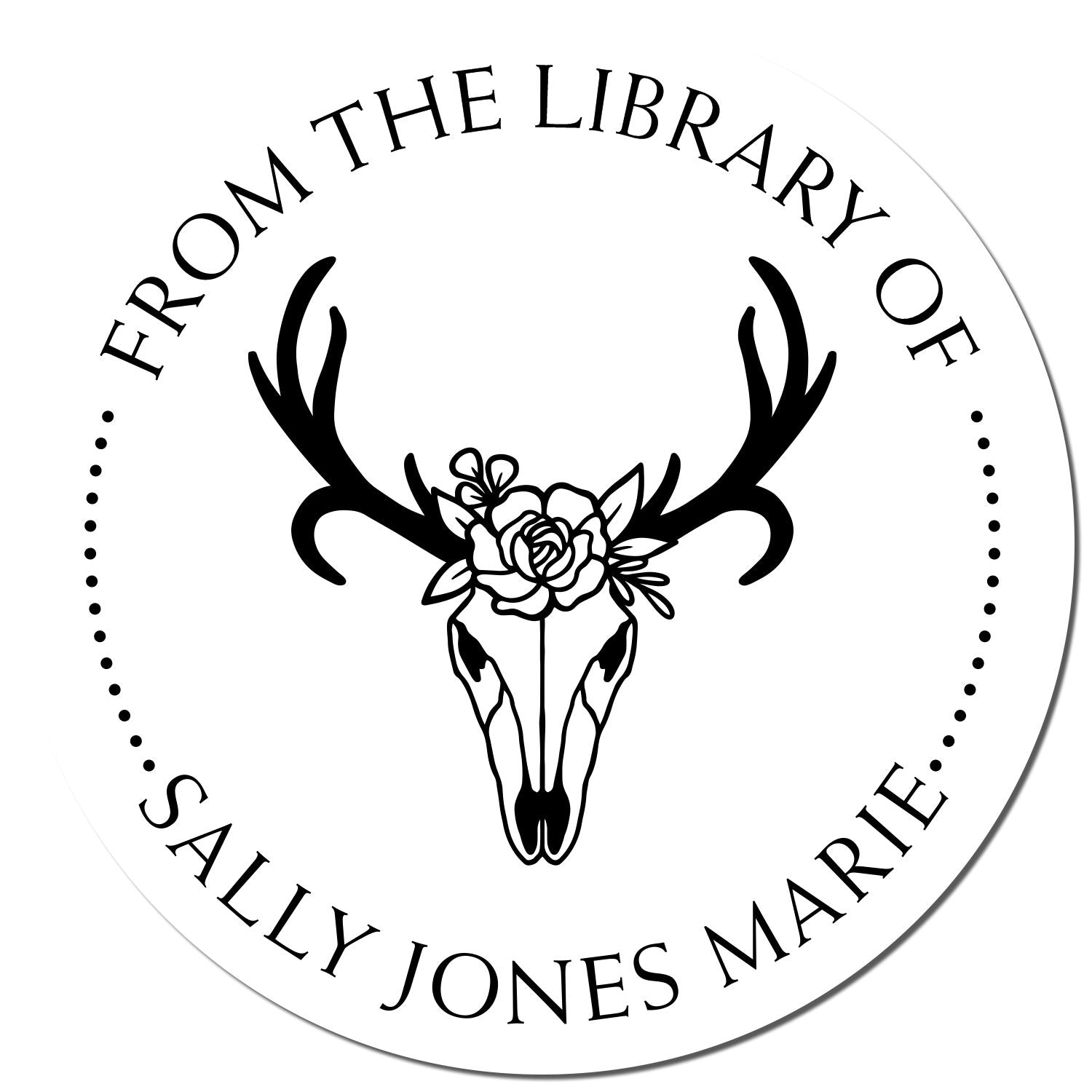 Black circular library stamp seal with deer skull, antlers, floral accent, and curved text for Sally Jones Marie.