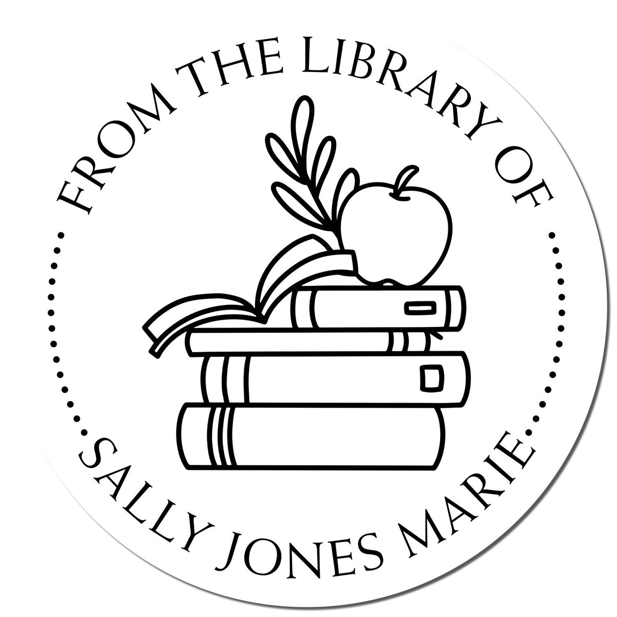 Black-and-white circular library stamp seal with stacked books, apple, and branch, personalized for Sally Jones Marie.