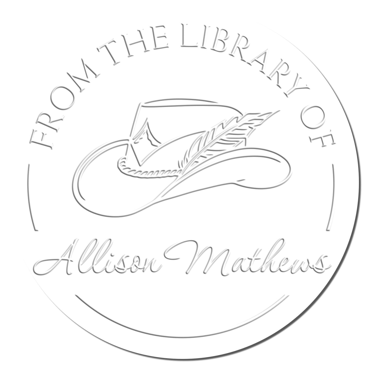 Round white library seal stamp with gray embossed quill, open book, and curved text reading From the Library of Allison Mathews