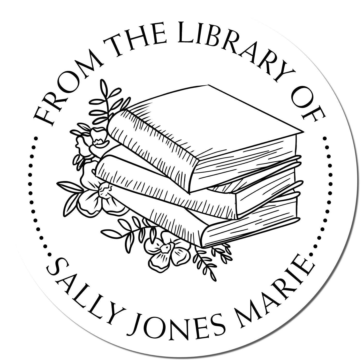 Black-and-white circular library stamp seal with stacked books, floral accents, and text: From the Library of Sally Jones Marie.