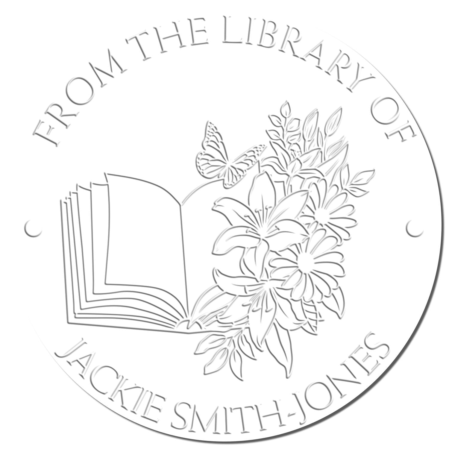 Silver circular library bookplate seal stamp with open book, flowers, and butterfly; From the Library of Jackie Smith-Jones