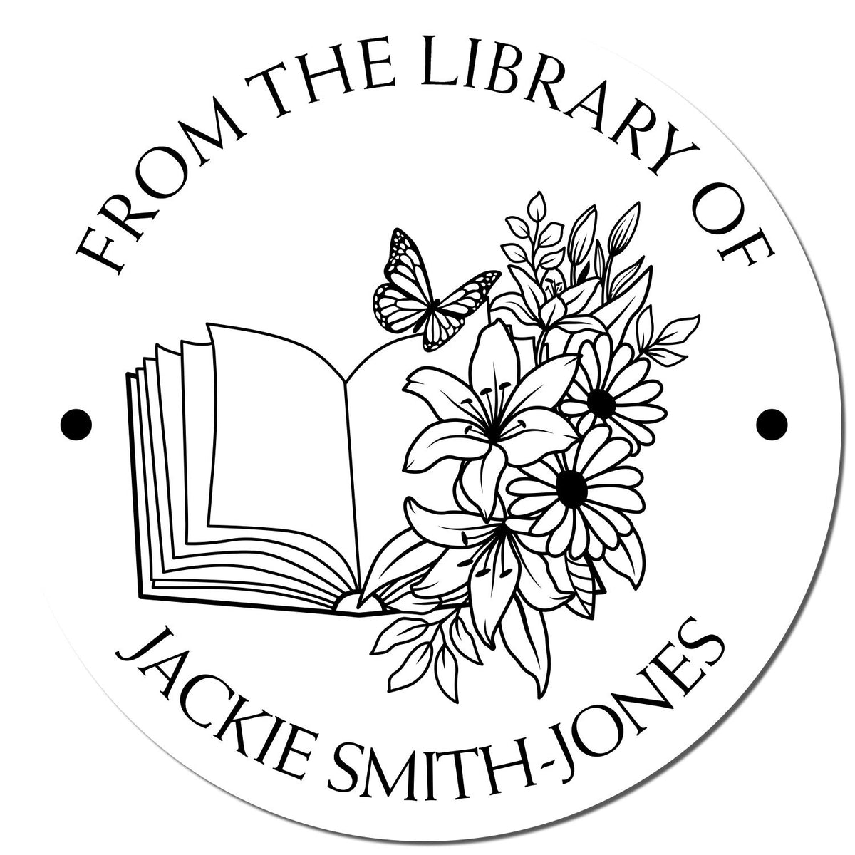 Round library stamp seal with open book, flowers and butterfly, personalized for Jackie Smith-Jones in black on white.