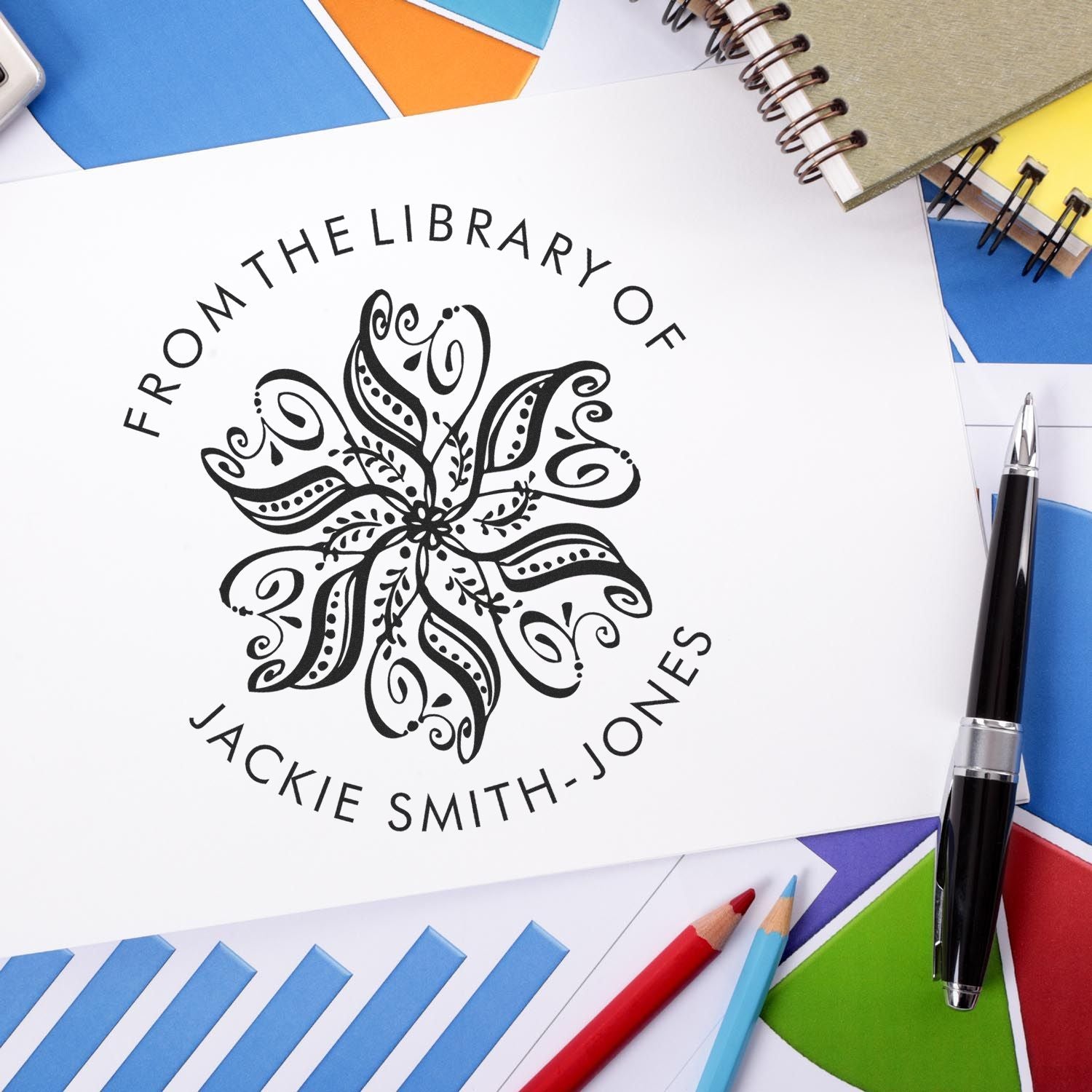 Self-Inking Ornate Flower Custom Book Name Stamper - Engineer Seal Stamps