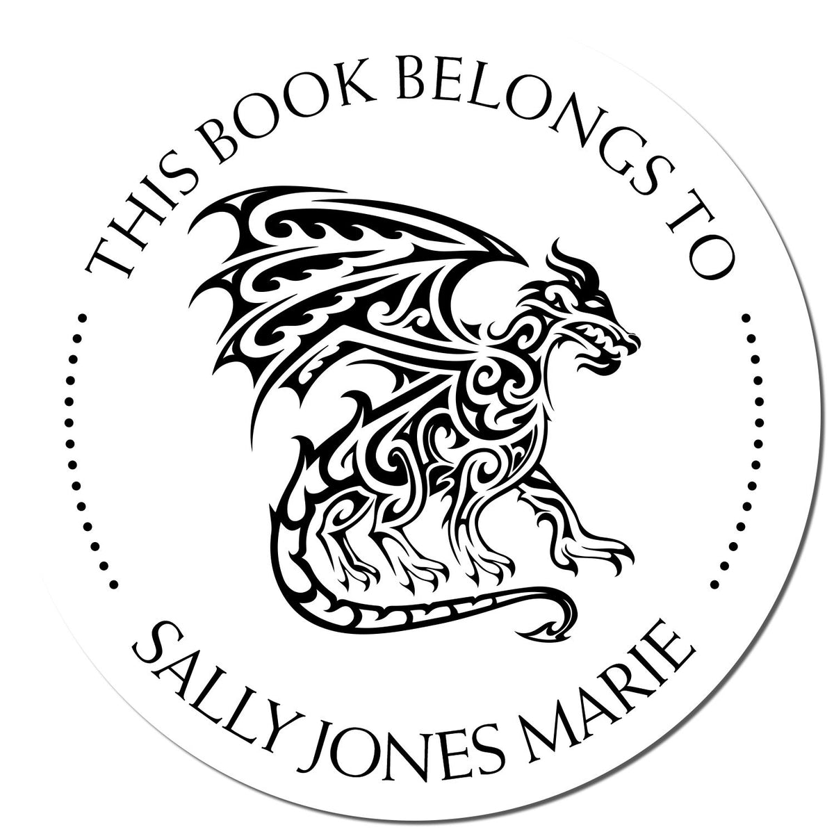 Black-and-white round book embossing seal with dragon art and This Book Belongs To Sally Jones Marie text