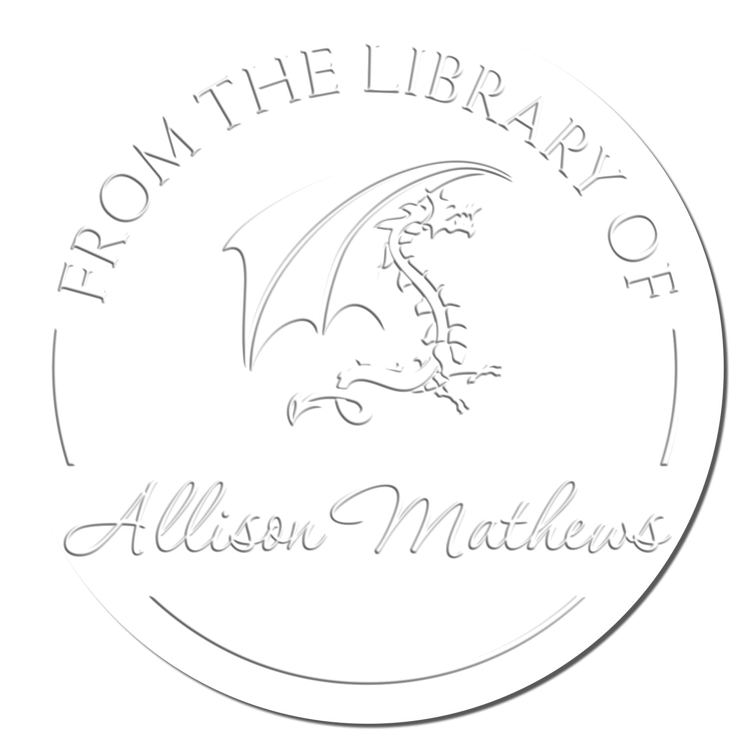 White circular embossed stamp seal with silver-gray dragon logo and From the Library of Allison Mathews text