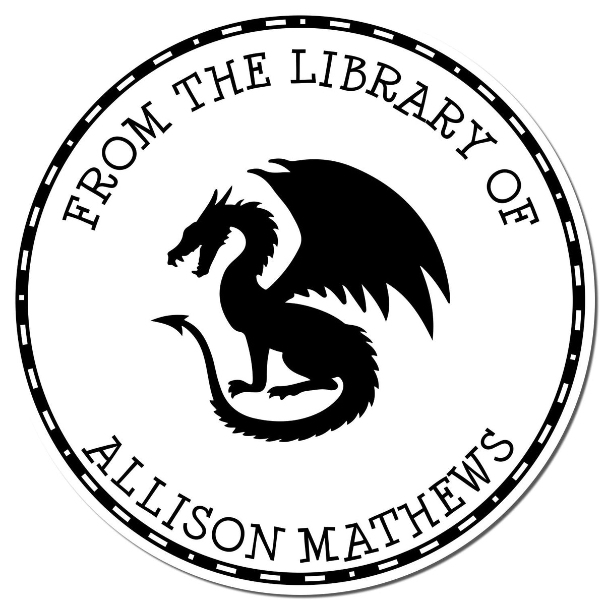 Black-and-white library stamp seal with dragon silhouette and From the Library of Allison Mathews text.