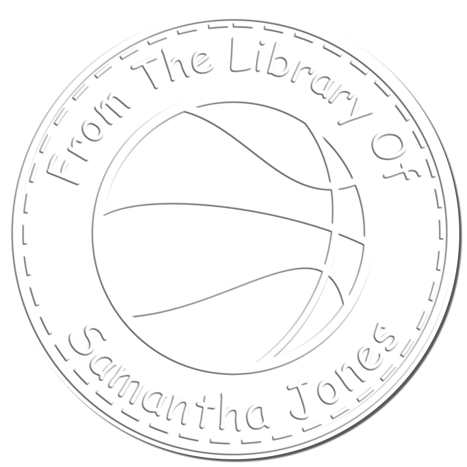 Circular embossed silver library stamp seal reading From the Library of Samantha Jones with open book icon.