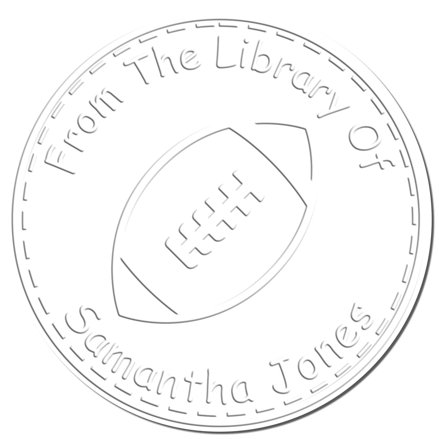 White embossed circular library stamp seal with football icon and curved text From The Library Of Samantha Jones.