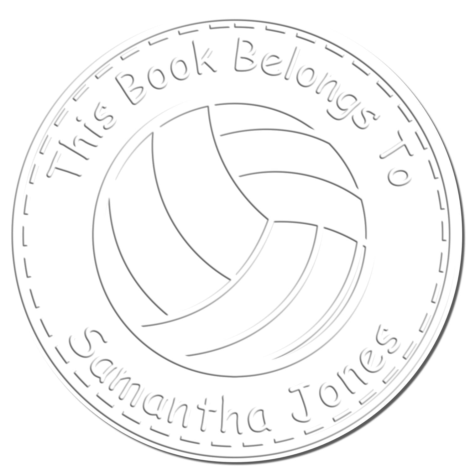 Round gray embossed book ownership stamp seal with curved text This Book Belongs To Samantha Jones and abstract book logo.