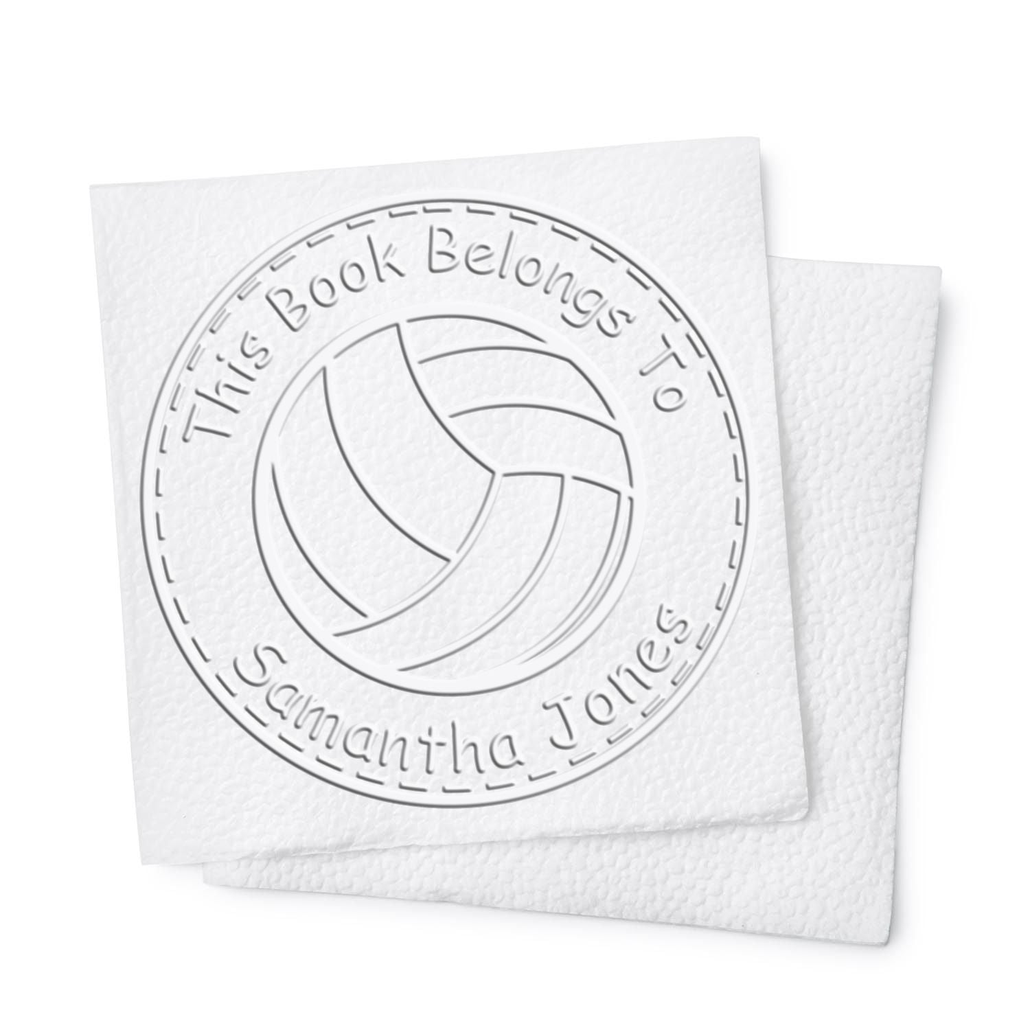 White embossed circular book stamp seal with volleyball icon and This Book Belongs to Samantha Jones text