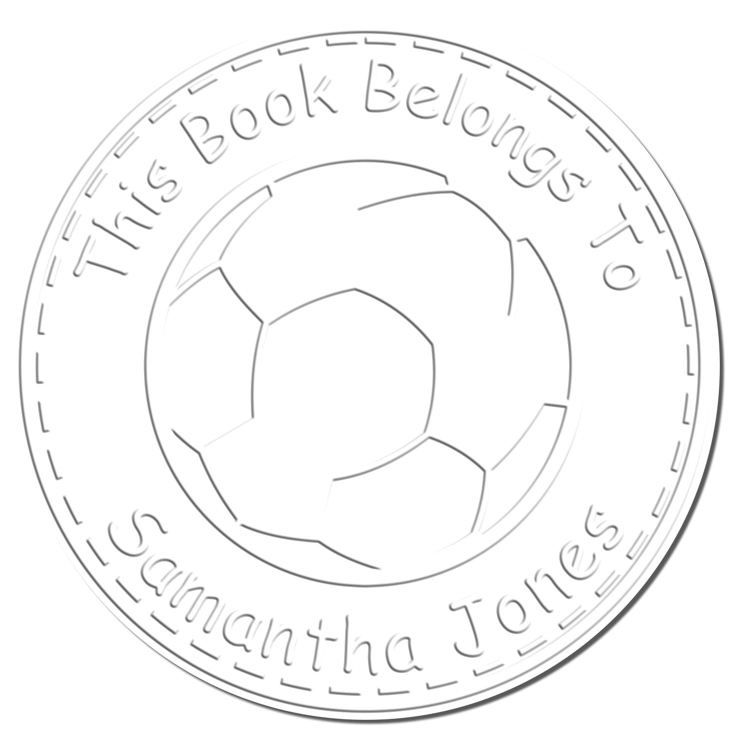 Circular white book stamp seal with soccer ball icon and embossed text, This Book Belongs to Samantha Jones.