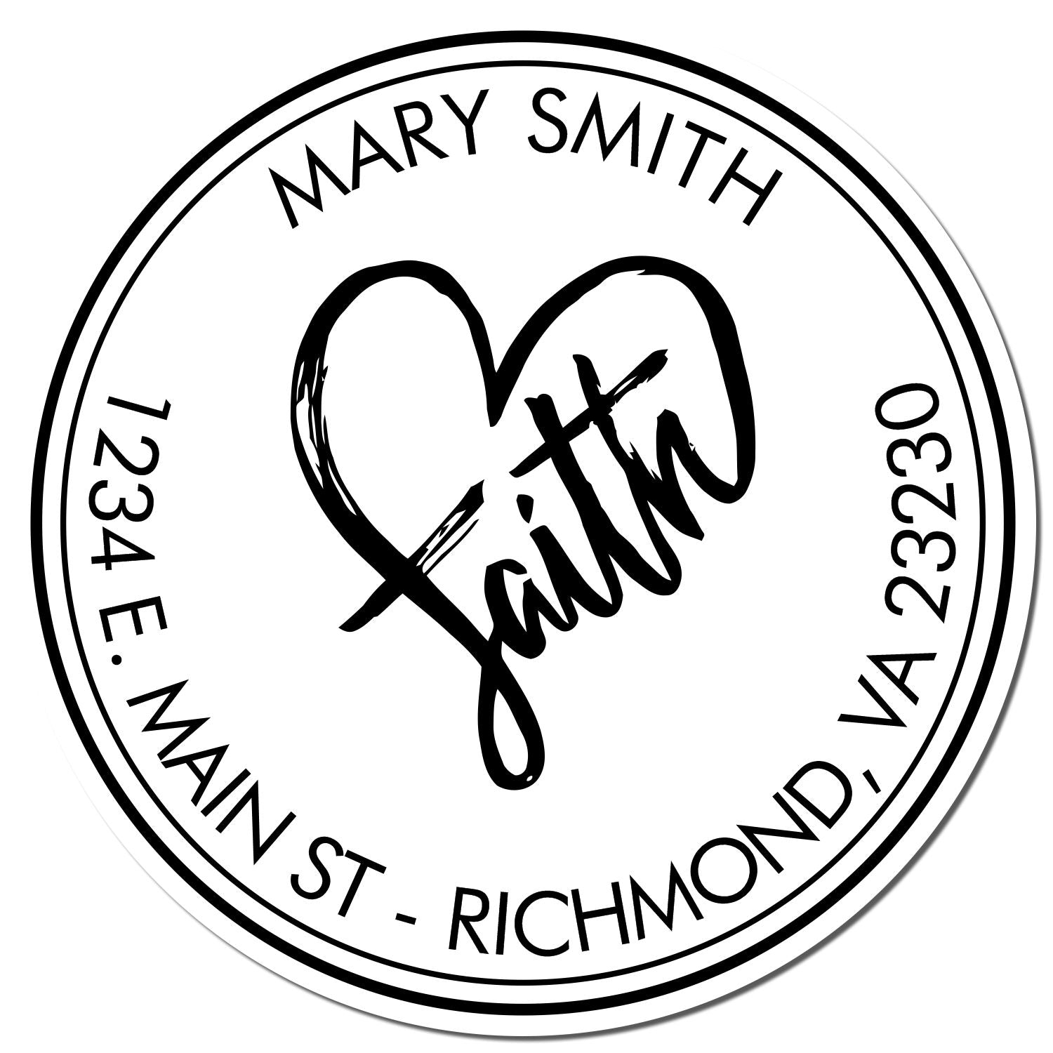 Circular black-and-white stamp seal for Mary Smith with heart monogram, Virginia address, and bold scripted initials.