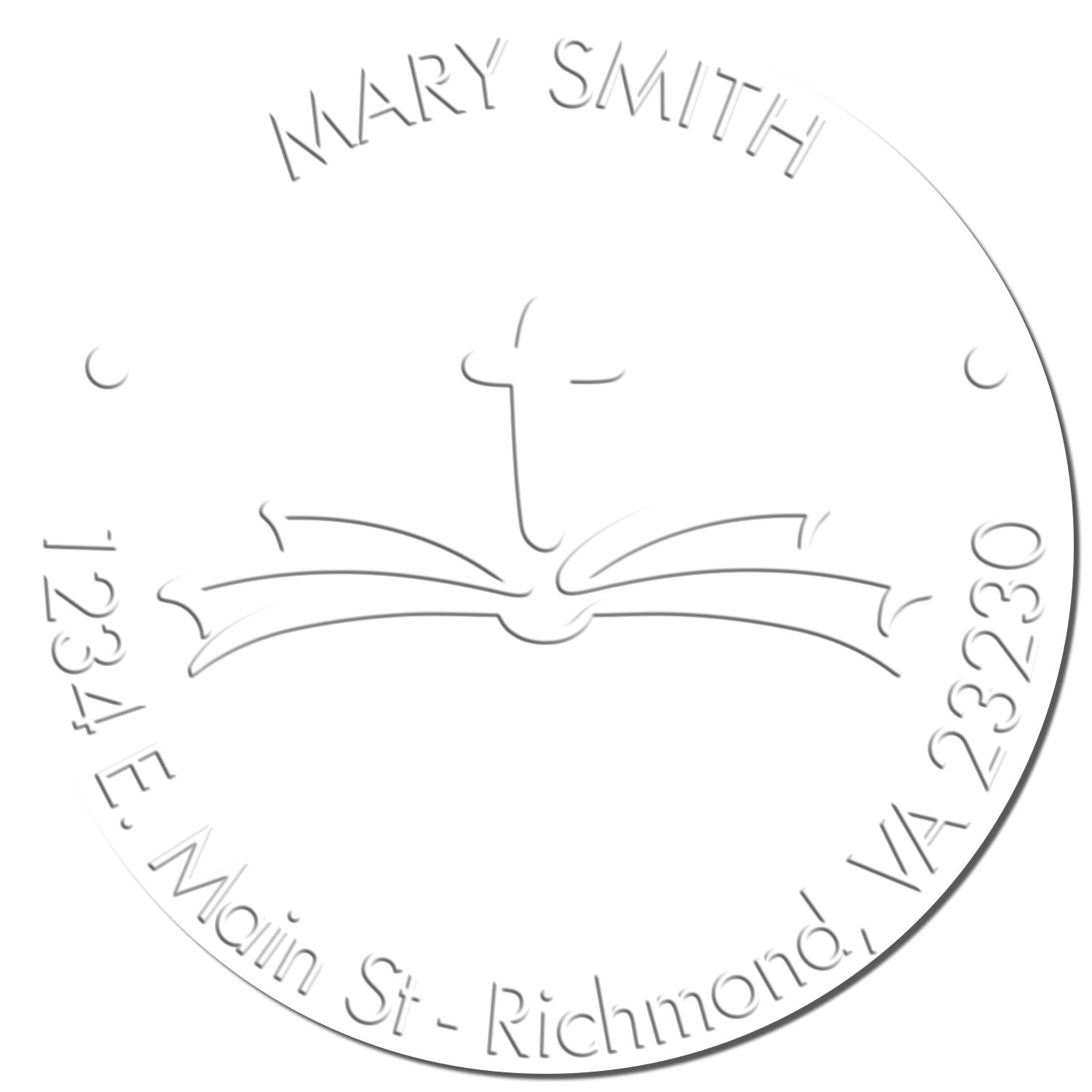 White round embossed stamp seal with Mary Smith, cross and open-book icon, and Richmond, VA address.