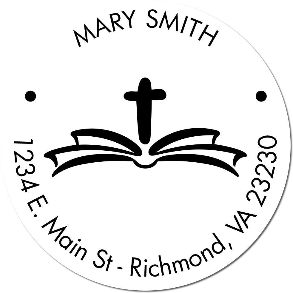 Black-and-white circular stamp seal with cross over open book, labeled Mary Smith and 1234 E. Main St, Richmond, VA 23230.