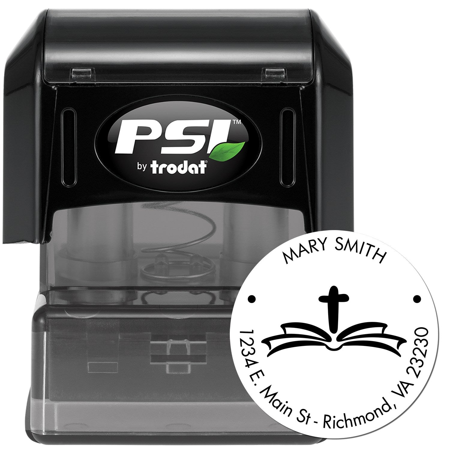 Black PSI by Trodat self-inking stamp with a custom white circular church seal, cross and open book, labeled Mary Smith.