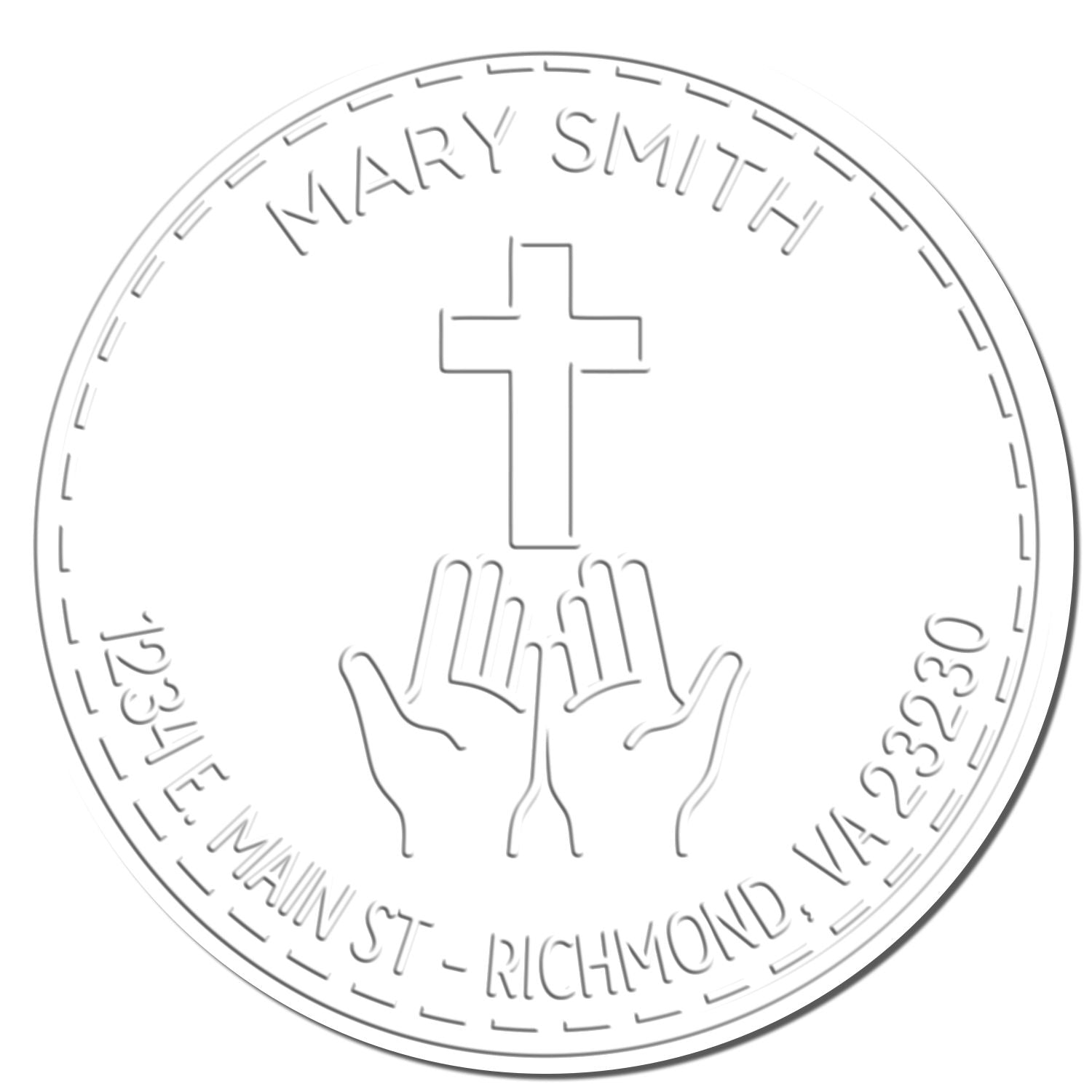 Circular embossed seal stamp with cross and praying hands, Mary's Smith, The Main St, Richmond, VA 23230.