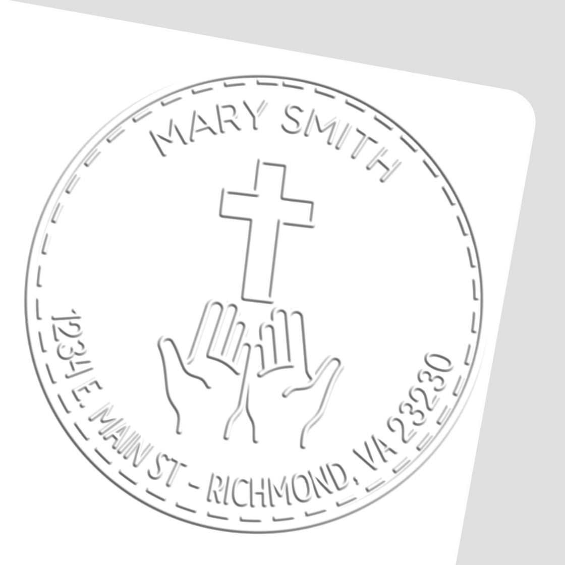 White embossed church seal stamp with cross, praying hands, and Mary Smith, Holy Main St Richmond, VA 23230 text.