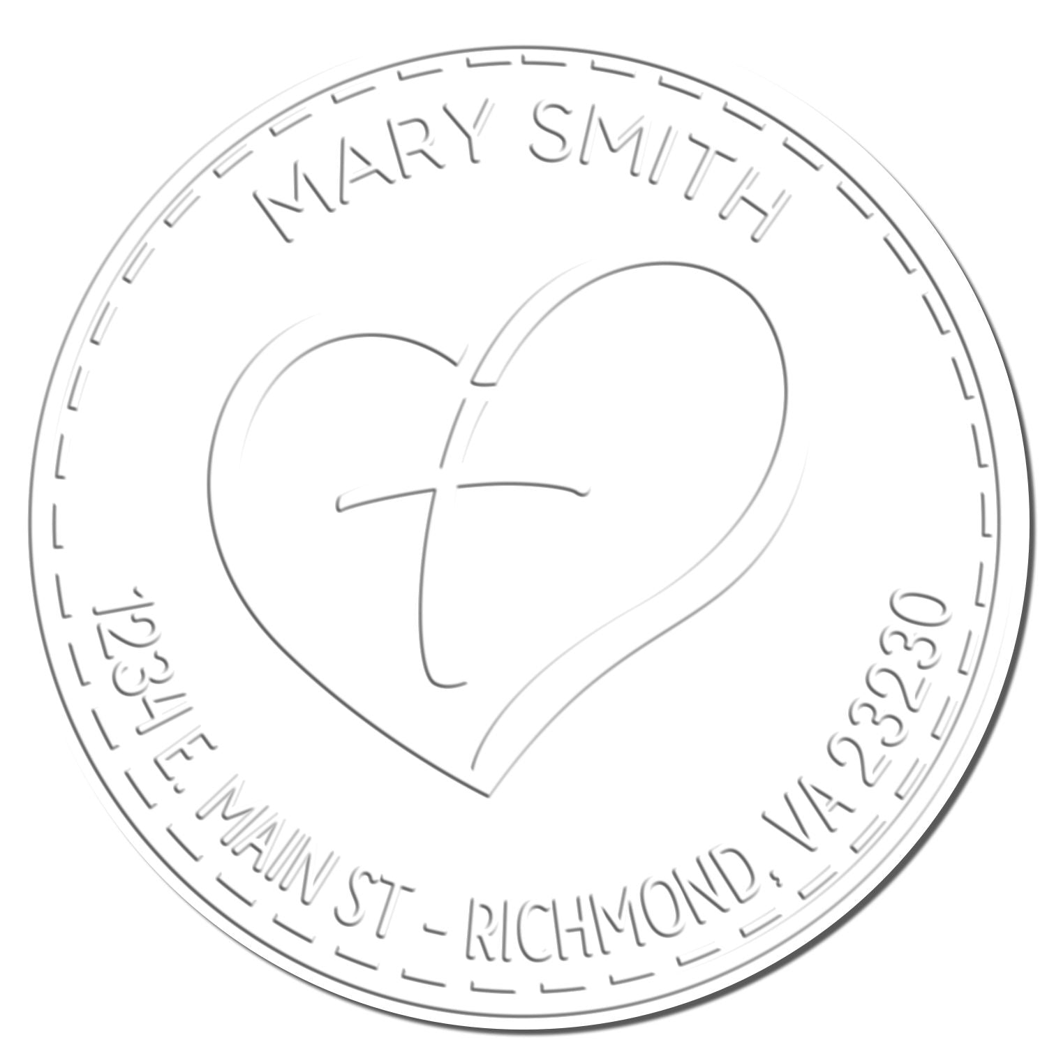 White embossed circular custom stamp seal with heart and cross, Mary Smith, and Richmond, VA 23230 around the edge.