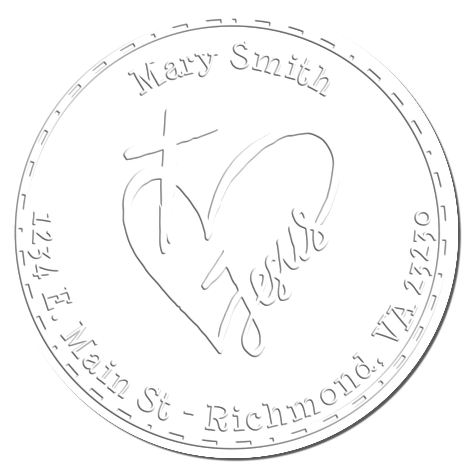 Round silver custom stamp seal with heart design, engraved Mary Smith and Main St-Richmond, VA.