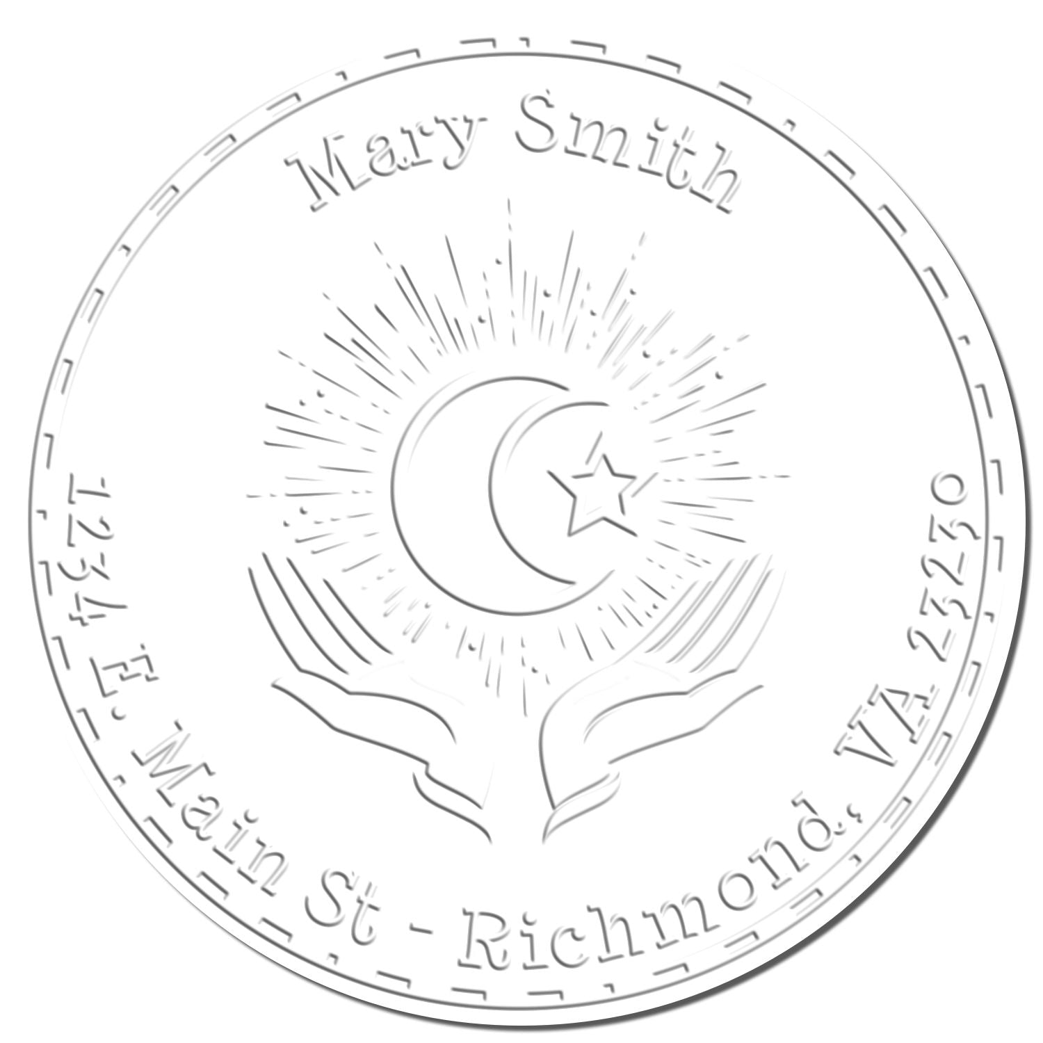 Silver circular embossing seal stamp with Mary Smith, crescent moon, star, and hands on white background.