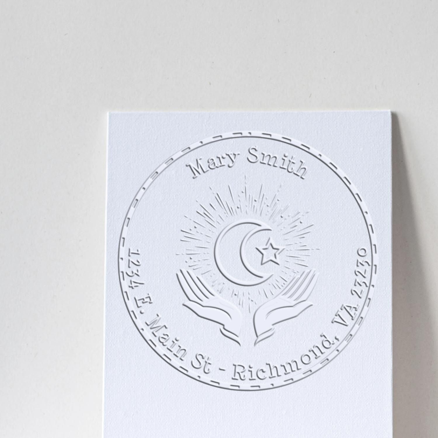 White embossed stamp seal on textured card with crescent moon, star and hands, labeled Mary Smith, Main St Richmond VA