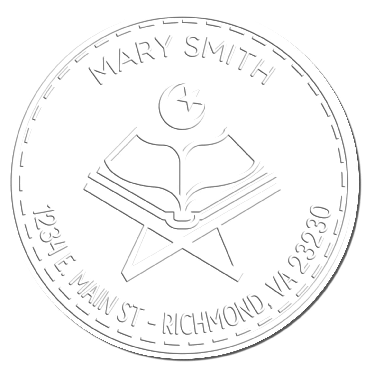 Round silver embossing seal with open book and star emblem, engraved Mary Smith, Richmond, VA 23230