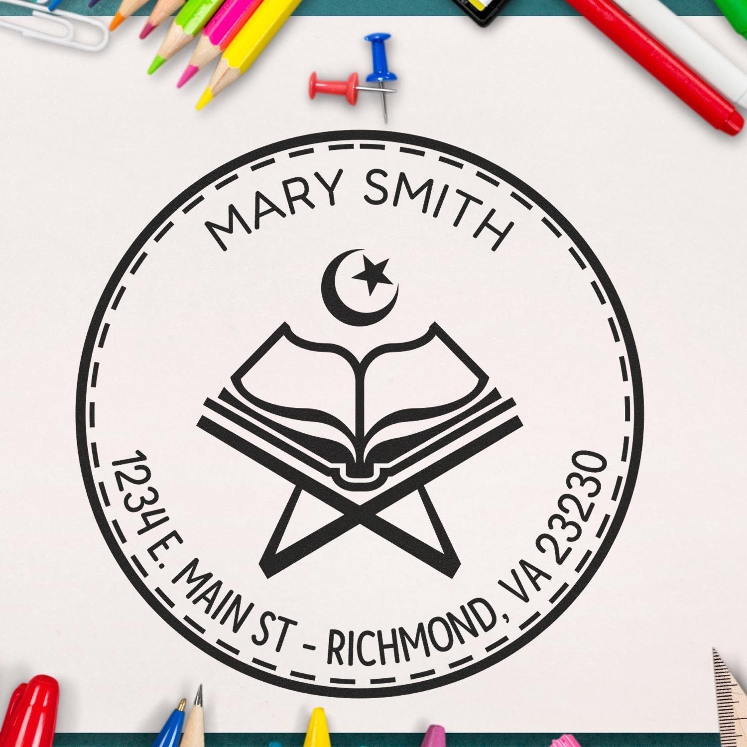 Custom black round stamp seal for Mary Smith with crescent star and open book, surrounded by colorful pencils.