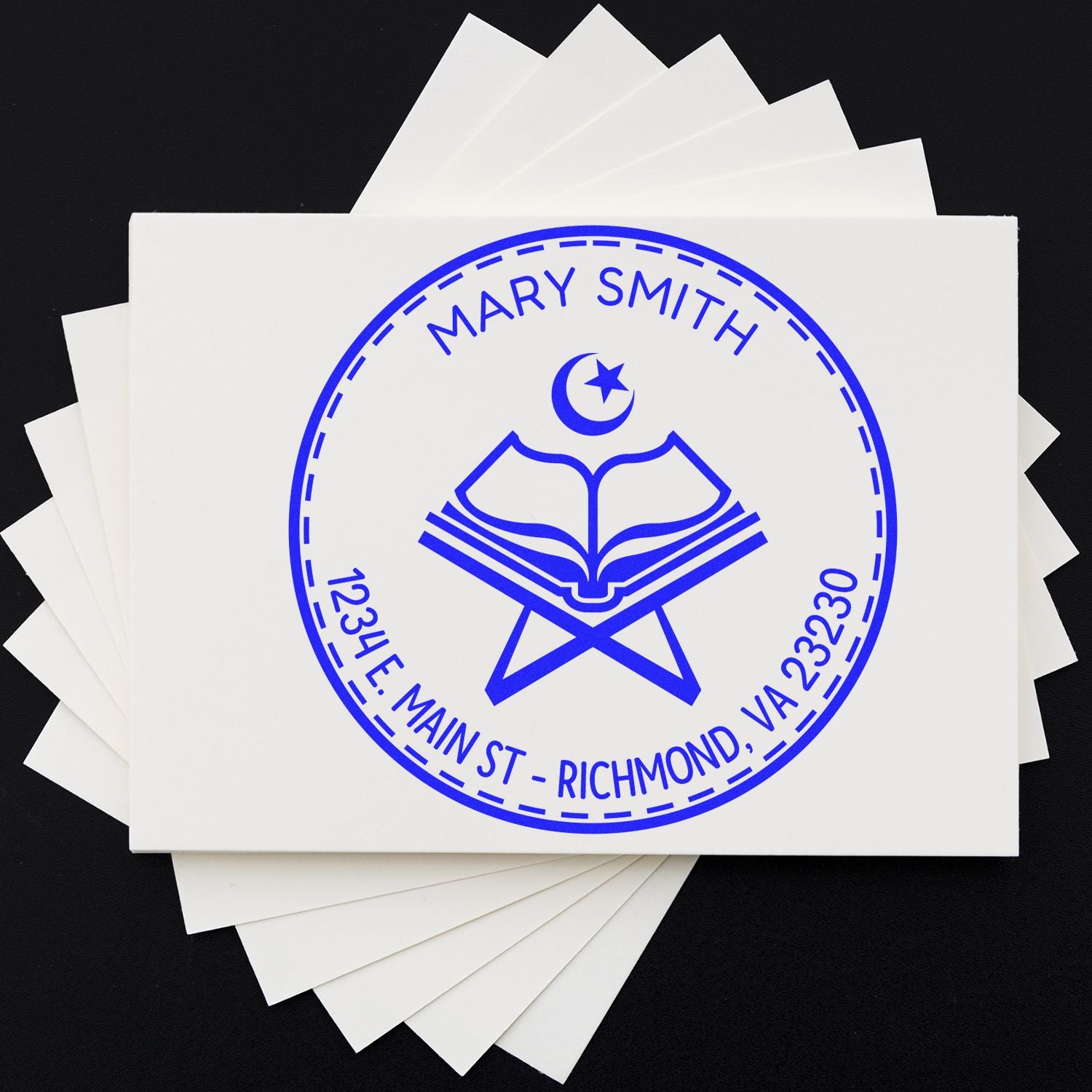 White cards with a blue custom seal stamp for Mary Smith, featuring a book and crescent star, Richmond, VA address.