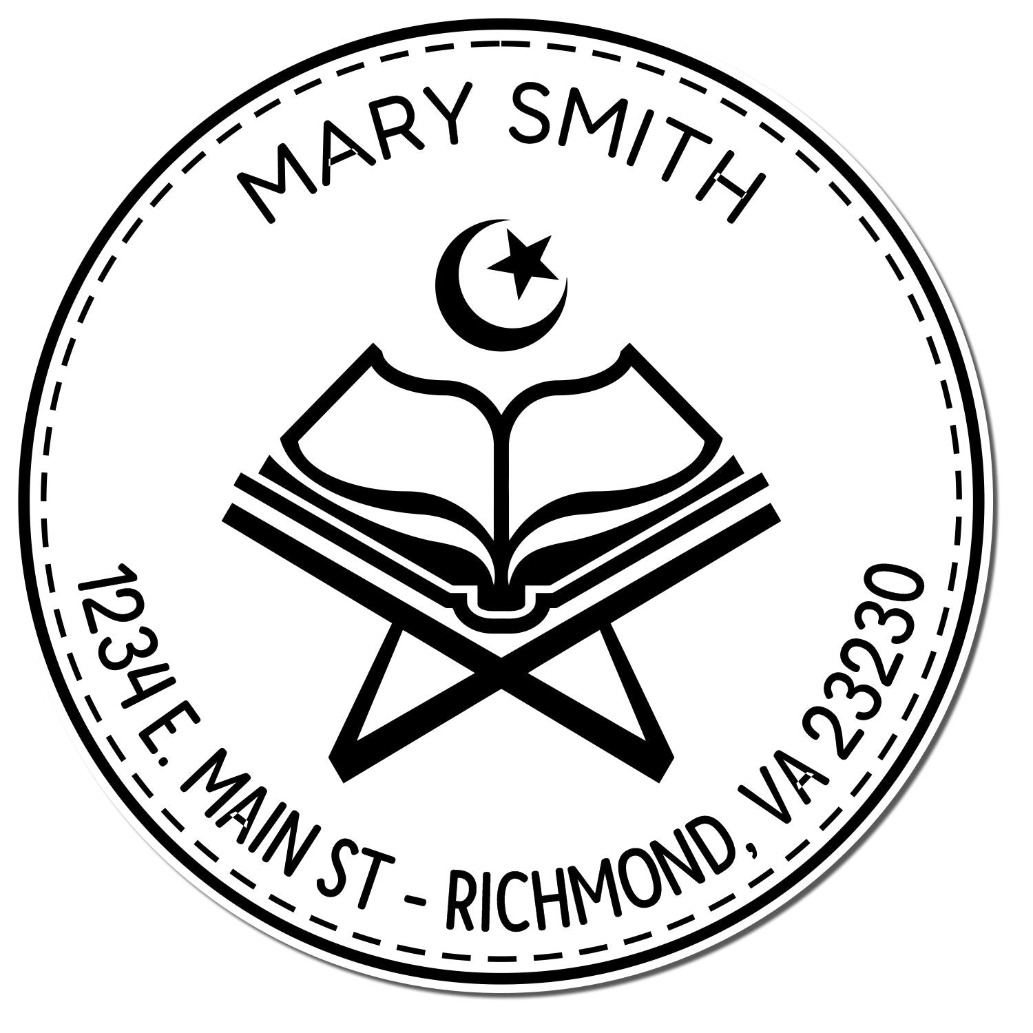 Black-and-white circular stamp seal for Mary Smith with crescent star, open book, and 1234 E. Main St, Richmond, VA 23230.
