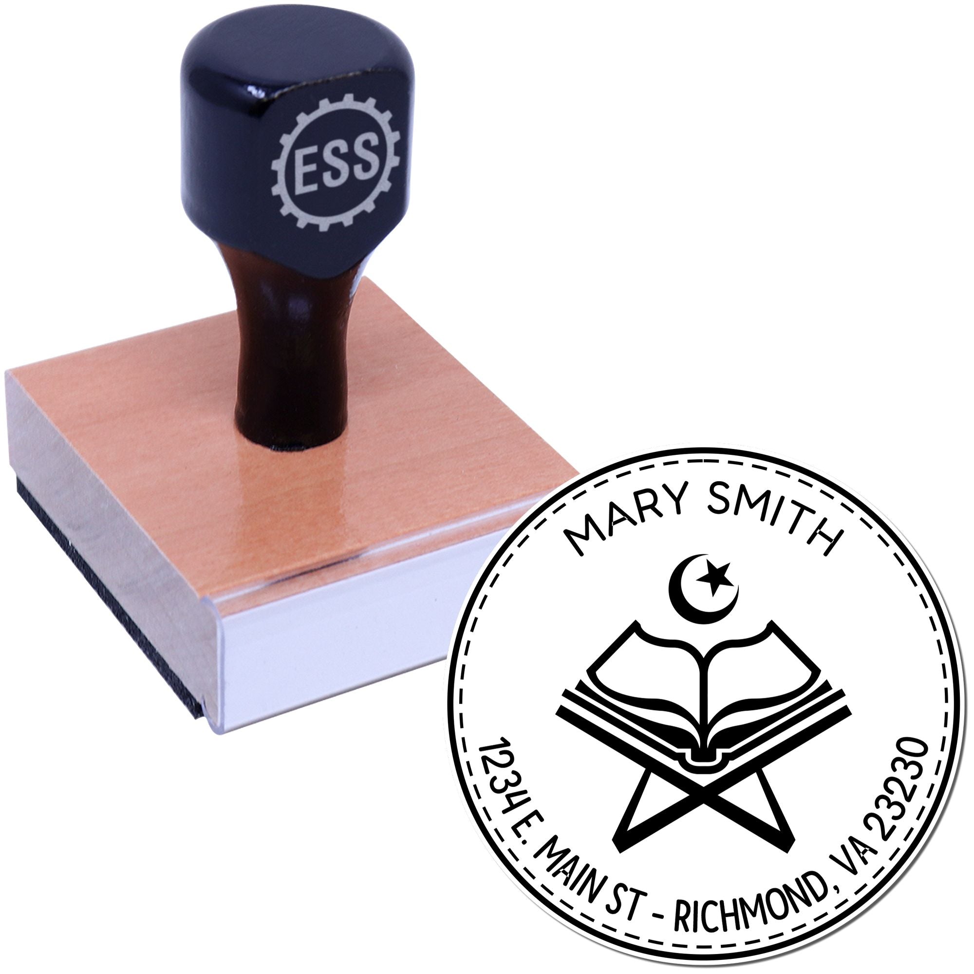 Dark navy rubber stamp on wood base beside circular Mary Smith seal with book and crescent-star emblem.