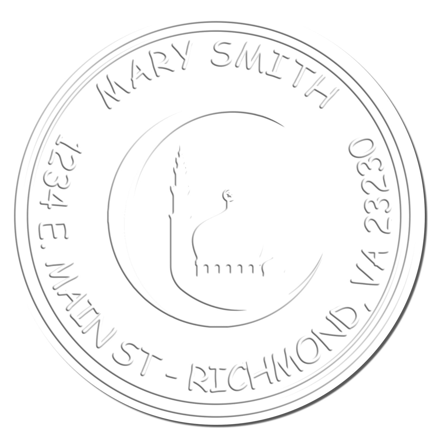 White embossed circular stamp seal for Mary Smith, with silver-gray raised lettering and address around a central outline.