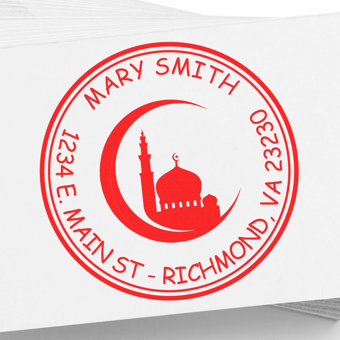 Red circular rubber stamp seal for Mary Smith, Main St Richmond VA, with crescent moon and mosque silhouette.