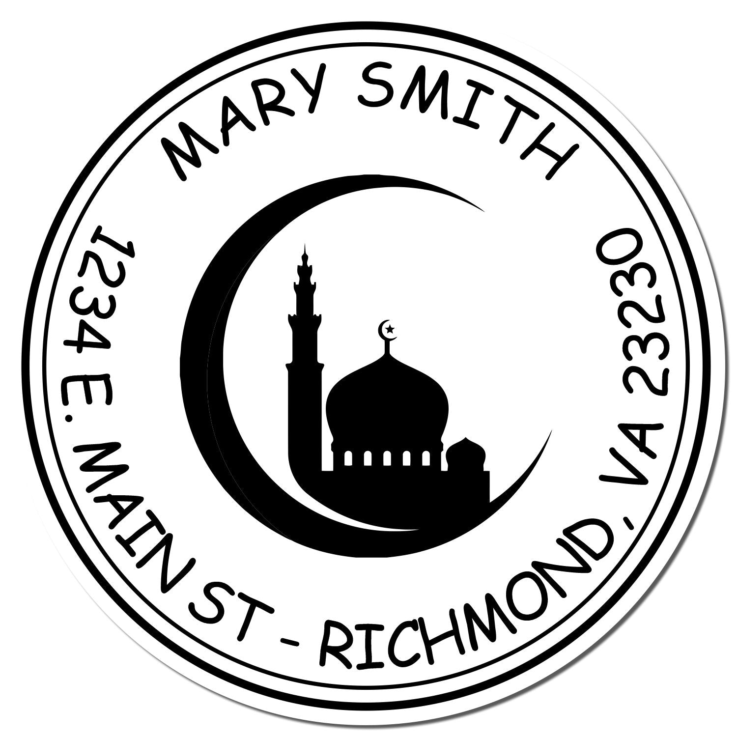 Black-and-white round stamp seal for Mary Smith, with crescent, mosque silhouette, and 1234 E. Main St - Richmond, VA 23230 text.