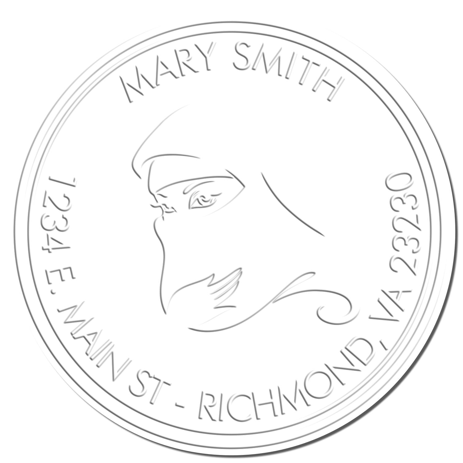 Silver circular embossing seal for Mary Smith, with line-art profile and embossed text around the rim.