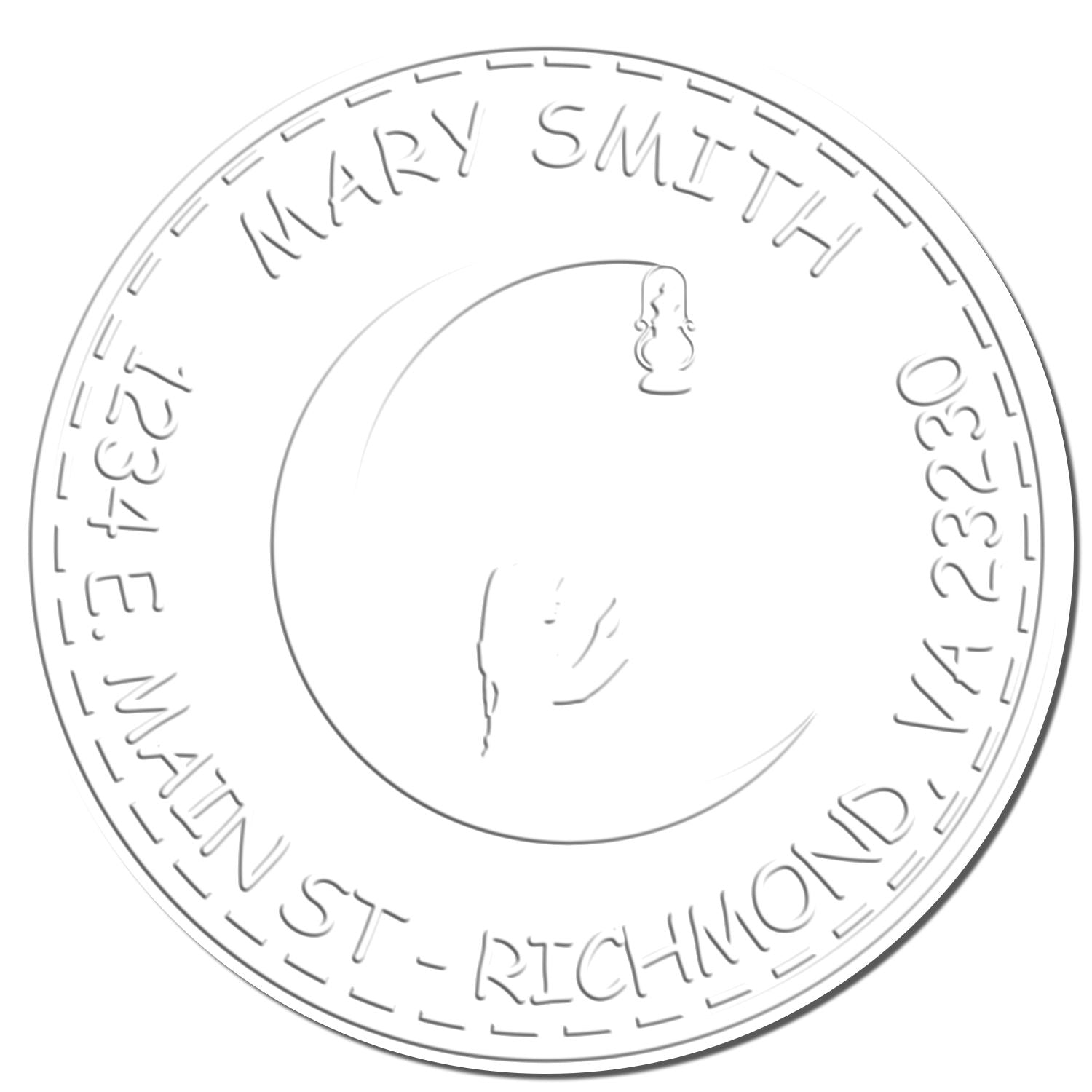 White circular embossing seal stamp with gray engraved text, Mary Smith name, and border details.