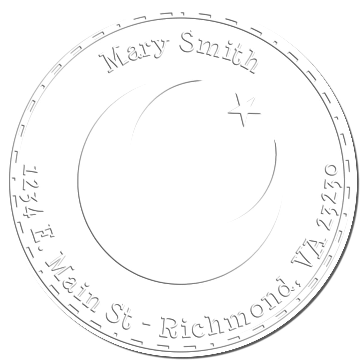 Silver circular embossing seal stamp for Mary Smith with crescent moon and star on a white background.