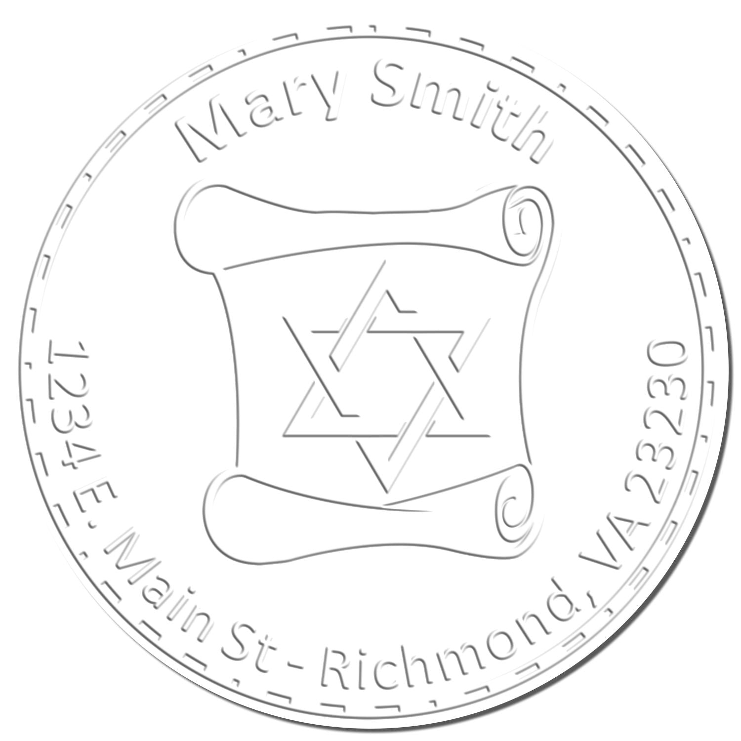 Light gray circular stamp seal for Mary Smith, featuring a Star of David and address 12345 Main St, Richmond, VA 23230.