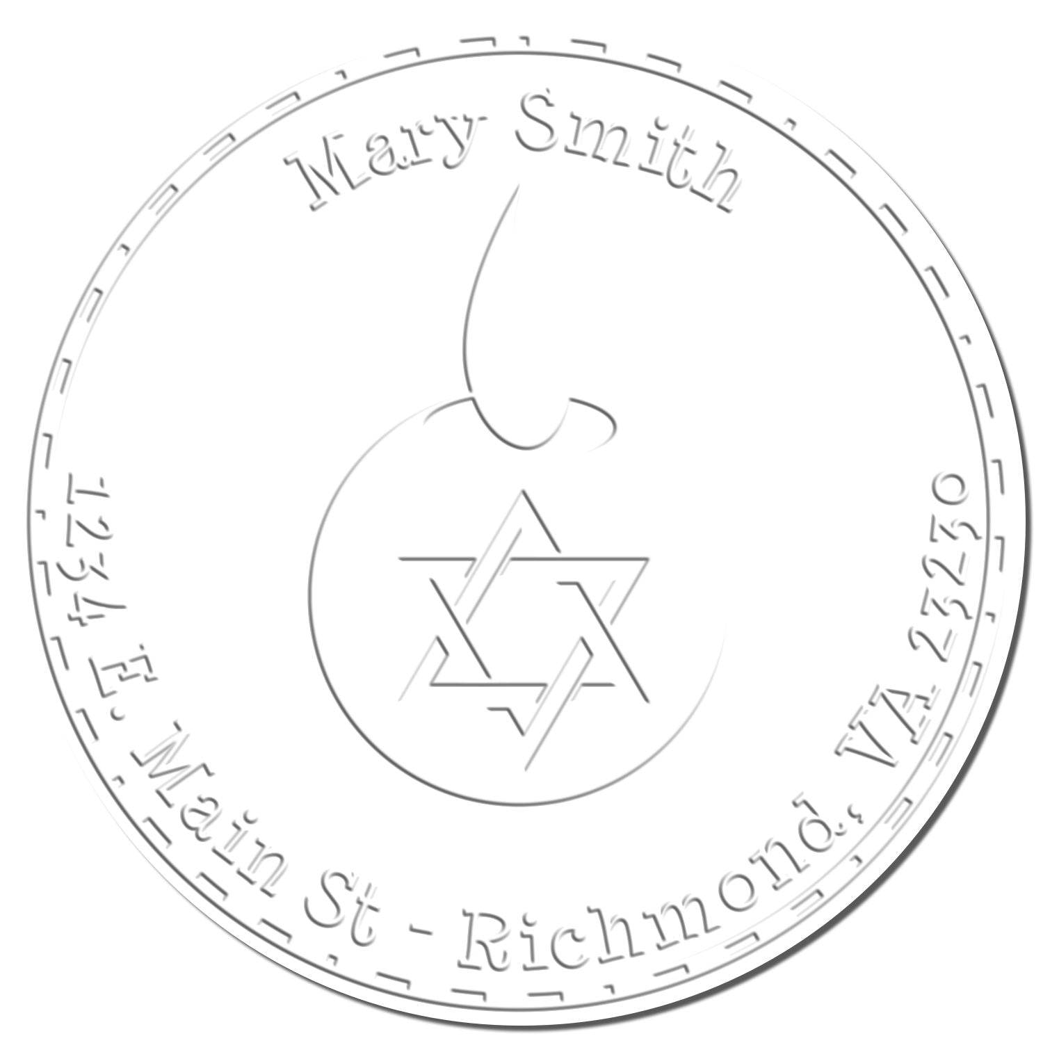 Silver circular name seal stamp with Star of David, Mary Smith text, and date around the edge on a white background.