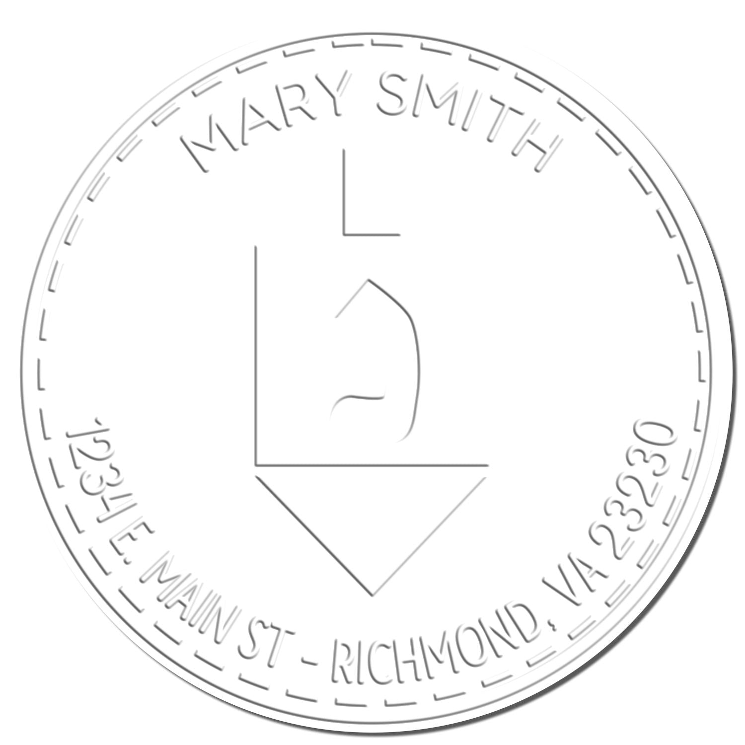Round gray embossing seal stamp for Mary Smith, with address text around the edge and a centered emblem.